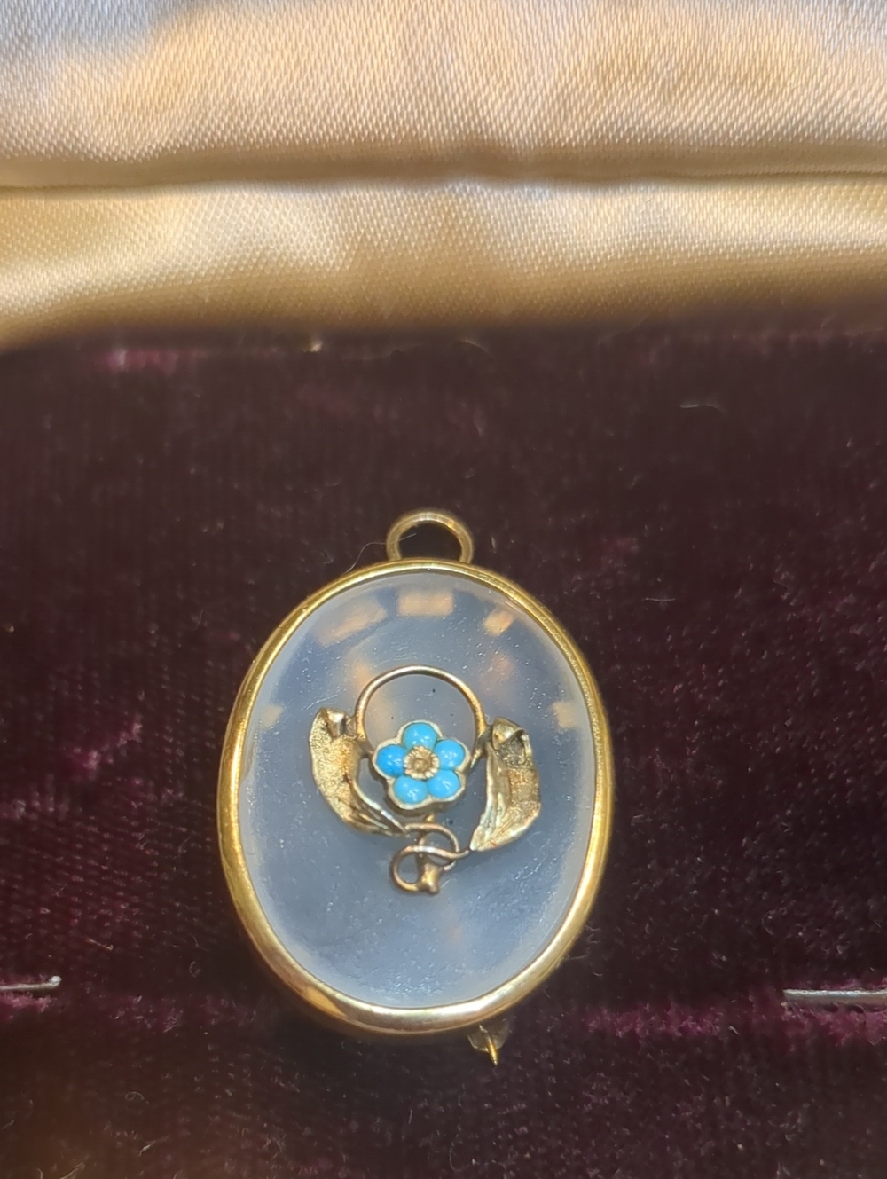 Antique Forget Me Not Chalcedony Floral Blue Oval Brooch/Pendant